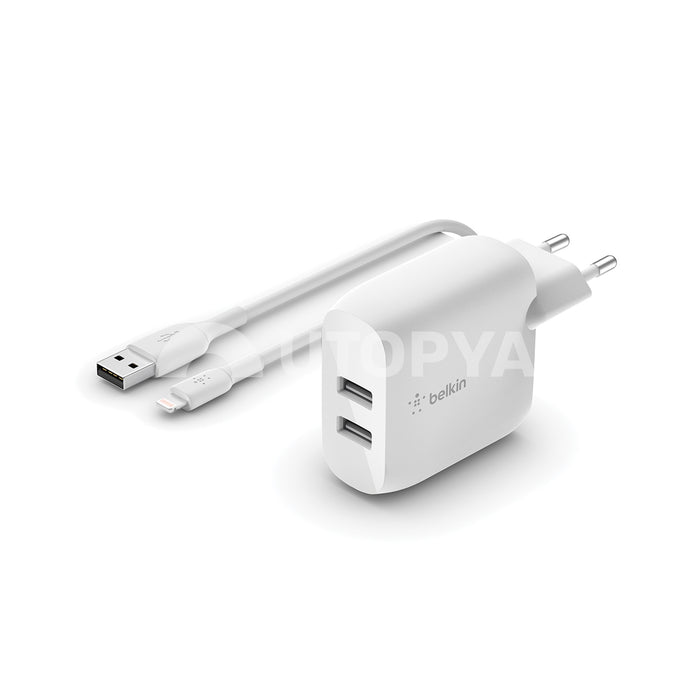 Pack de charge secteur 2 USB 24W + câble Lightning Blanc