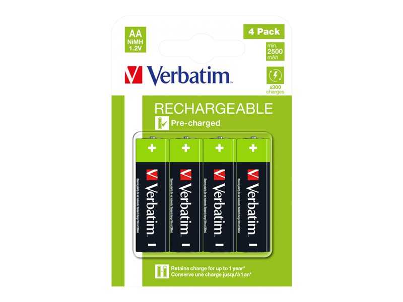 4 Piles Verbatim AA 1.2V Rechargeable